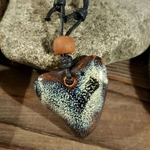 Handcrafted Artsy Heart Glazed Blue Brown Cream Porcelain Pendant Necklace